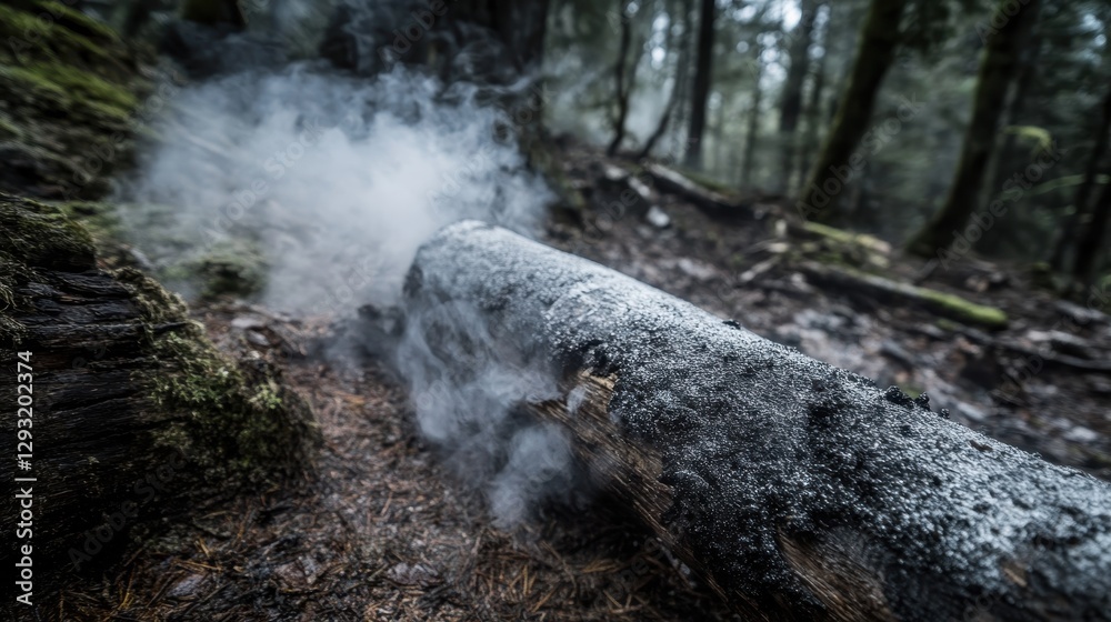 Smoky Log in a Misty Forest Environment with Soft Focus Background Smoky Log in a Misty Forest Environment with Soft Focus Background