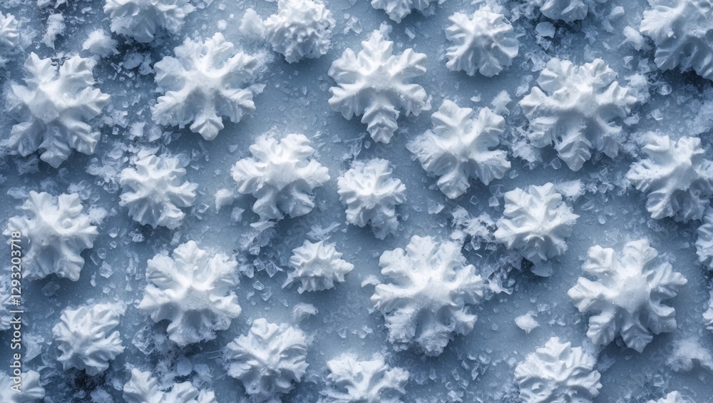 Snowflake texture pattern on a winter surface ideal for backgrounds and seasonal designs showcasing intricate details and soft colors.