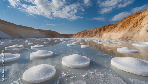 Scenic view of salt formations in a tranquil landscape showcasing natural salt accumulations ready for extraction and harvesting.