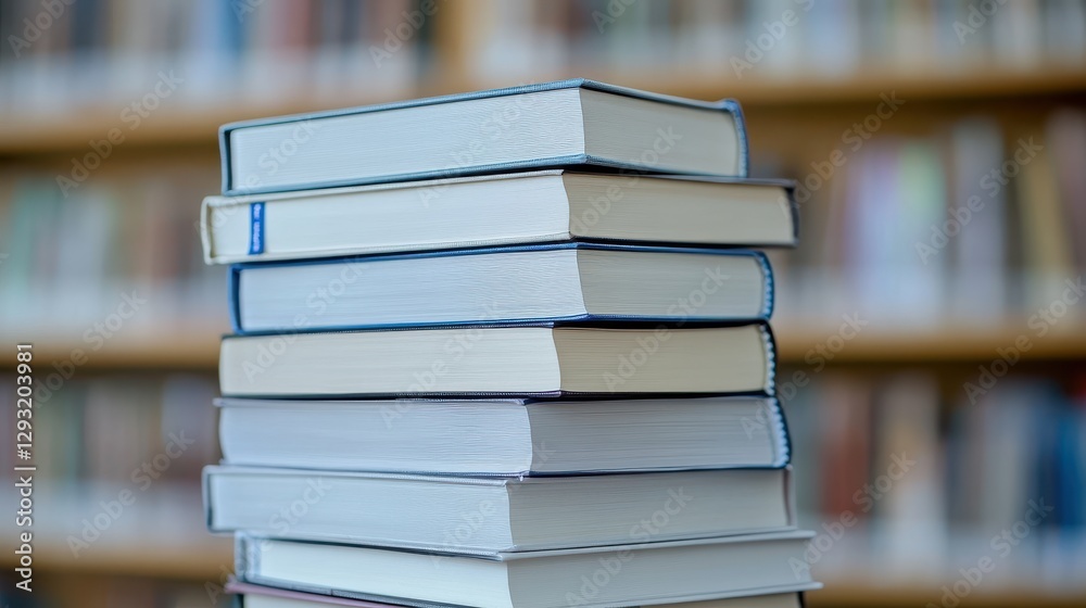 Stack of Several Blank Books on Library Shelf in Soft Focus Background Stack of Several Blank Books on Library Shelf in Soft Focus Background