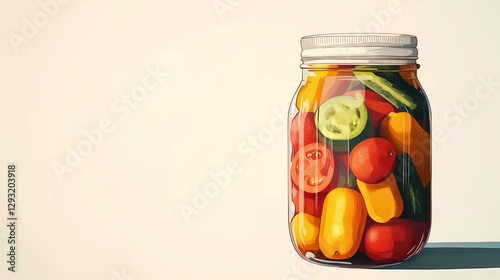 Colorful mix of pickled vegetables arranged on a wooden table, emphasizing traditional fermentation and homemade preservation techniques, detailed book illustration style