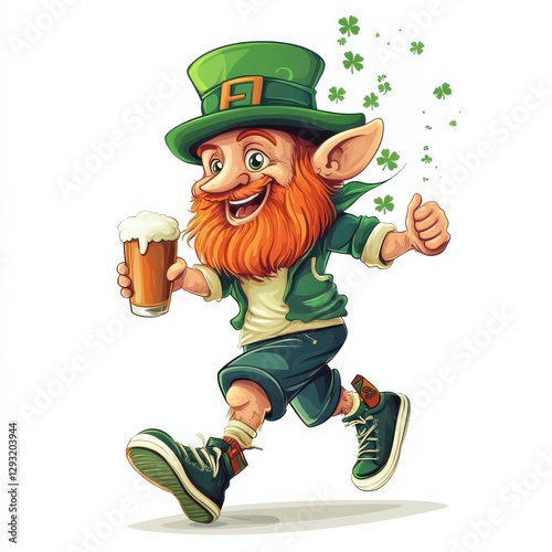 A cheerful leprechaun with an orange beard and green hat strides happily in sneakers, holding a beer.  St Patrick's Day concept, Irish flag colors, festive vibe.
