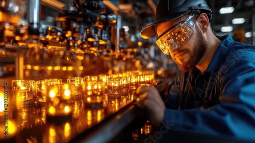 Factory worker inspecting glass containers lit by flames.  Possible use Industrial quality control
