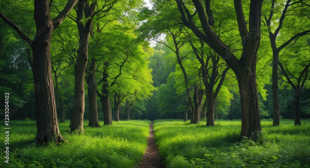 Lush Green Forest Pathway Surrounded By Tall Trees Under Soft Natural Light Lush Green Forest Pathway Surrounded By Tall Trees Under Soft Natural Light