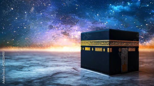 Kaaba Suspended in Endless Sky with Glowing Clouds