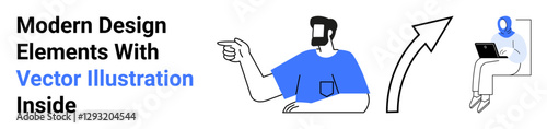 Man gesturing toward an arrow and woman typing on laptop. Ideal for teamwork, direction, productivity, presentation, professional communication, strategy, flat landing page banner