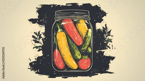 Assorted pickled vegetables in a rustic jar, showcasing vibrant colors and textures, preserved in brine for a healthy probiotic-rich snack, vintage illustration style