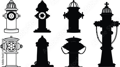 Fire hydrant silhouettes in vector design, showcasing various types for urban, emergency, and infrastructure-related themes
