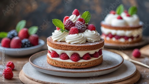 Wallpaper Mural Delicious Petit Gateau Dessert with Raspberries and Mint on a Rustic Wooden Table Perfect for Celebrations and Special Occasions Torontodigital.ca