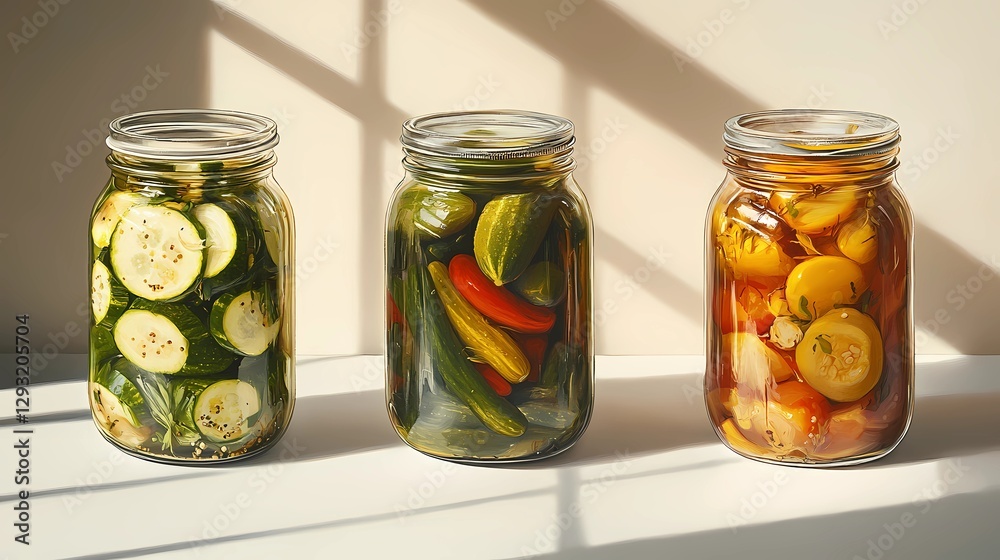Assorted pickled vegetables in a rustic jar, showcasing vibrant colors and textures, preserved in brine for a healthy probiotic-rich snack, vintage illustration style Assorted pickled vegetables in a rustic jar, showcasing vibrant colors and textures, preserved in brine for a healthy probiotic-rich snack, vintage illustration style