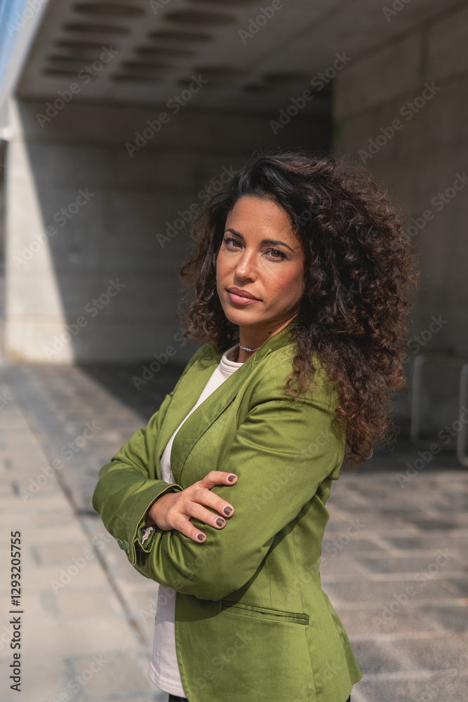 Fototapeta premium Confident Businesswoman in Green Blazer Posing Outdoors. Serious woman with curly hair wearing a green blazer, standing with crossed arms in an urban environment
