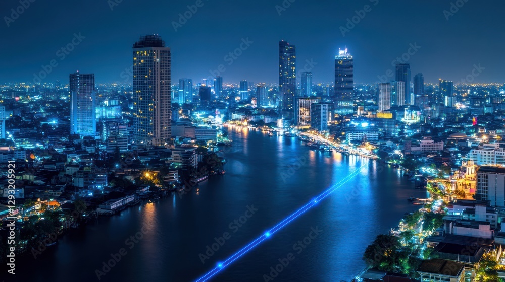 Fototapeta premium Night city skyline, river reflection, light trail, urban scene, travel background