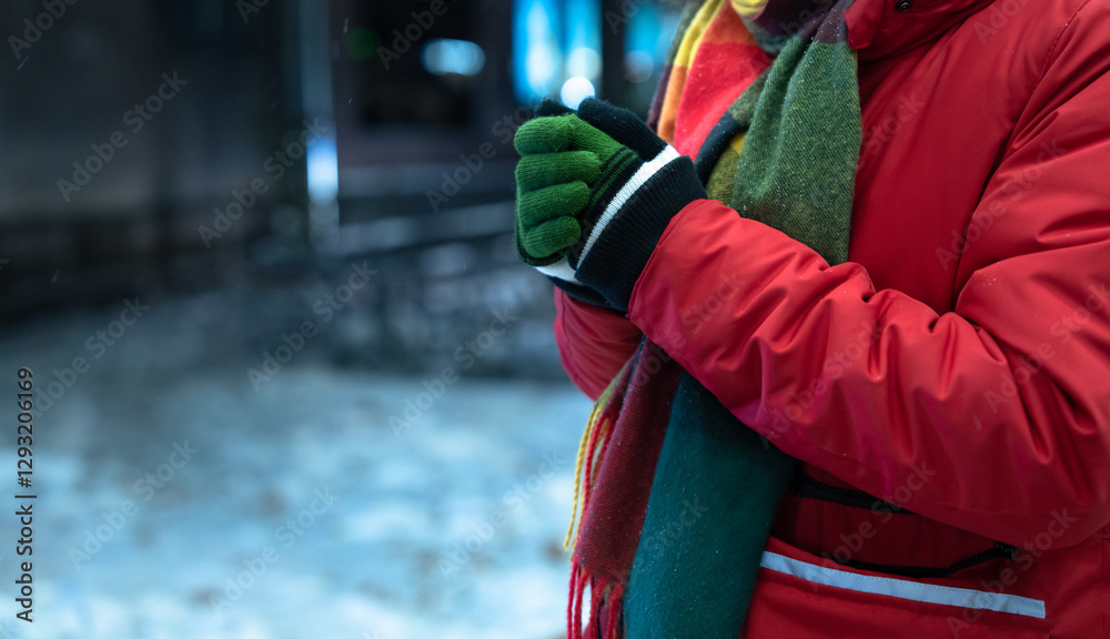 Obraz premium Young Man Shivering at a Bus Stop While Waiting for Public Transport in Cold Weather.