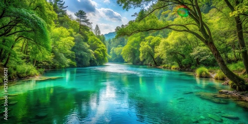 A tranquil turquoise river flows gently through a lush forest, surrounded by towering trees and vibrant greenery, creating a sense of serenity and peacefulness , outdoors, water flow