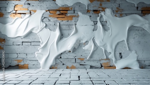 White Paint Dripping on Textured Concrete Wall with Exposed Brick Ideal for Backgrounds in Presentations and Web Design Templates