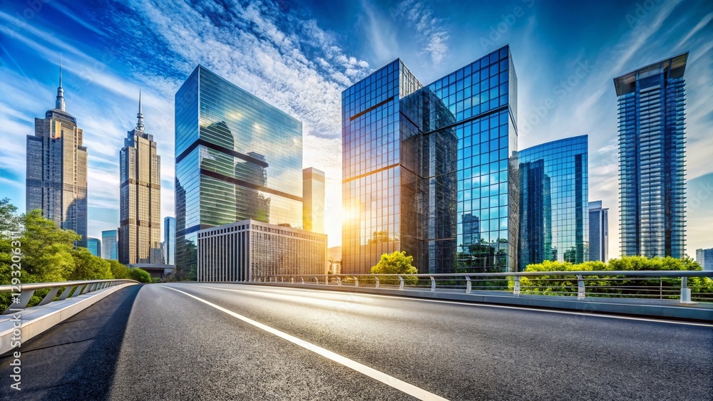 Modern City Architecture, Asphalt Road, Clear Sky - Candid Photography Stock Photo Modern City Architecture, Asphalt Road, Clear Sky - Candid Photography Stock Photo