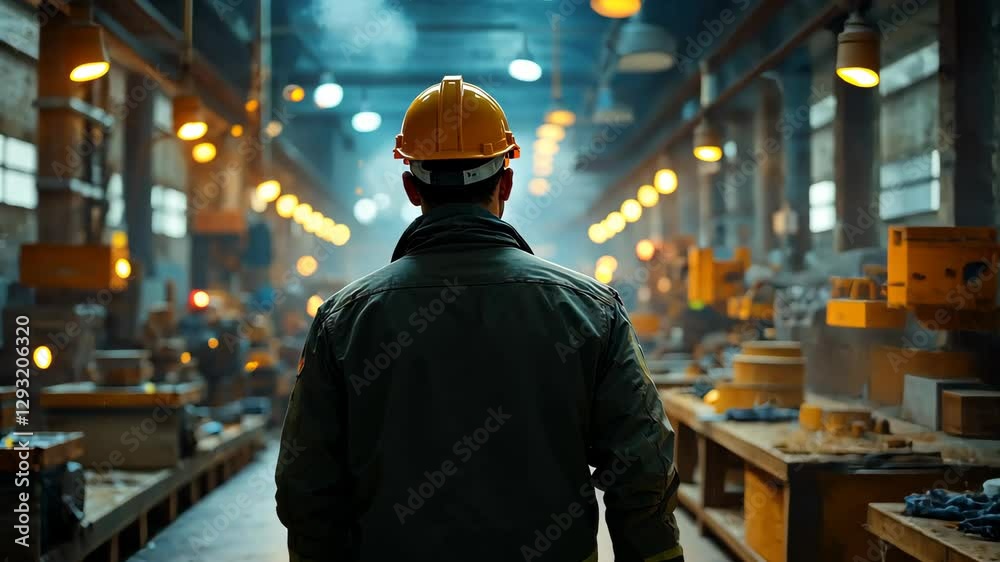The Guiding Hand: A lone figure in a hard hat confidently strides through a vast industrial complex, illuminated by the warm glow of overhead lights, a symbol of progress and human endeavor. The Guiding Hand: A lone figure in a hard hat confidently strides through a vast industrial complex, illuminated by the warm glow of overhead lights, a symbol of progress and human endeavor.