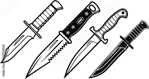 Various knife silhouettes in vector design, showcasing different styles for culinary, kitchen, and weaponry