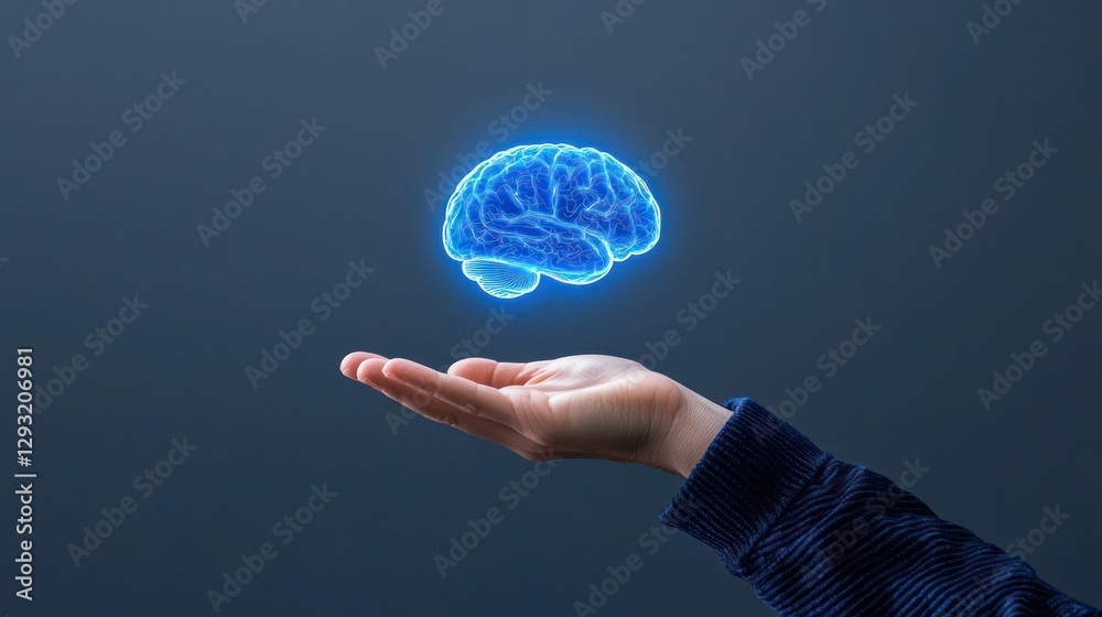 Brain in Hand: A digital, glowing blue brain floats gently above an outstretched hand. Brain in Hand: A digital, glowing blue brain floats gently above an outstretched hand.