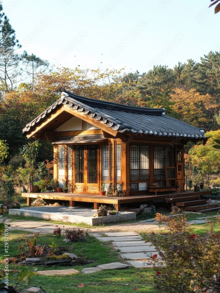 Korean wooden house sits within a lush scenic garden Korean wooden house sits within a lush scenic garden