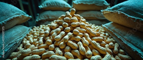 assorted peanuts piled high with burlap sacks in background creating a natural and rustic agricultural setting for food or farming themes photo