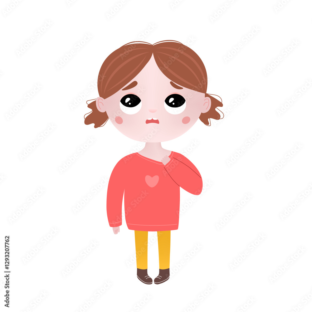 Sad anxious depressed girl. Illustration of sad child, helpless, bullied. Flat graphic vector illustration isolated on white background Sad anxious depressed girl. Illustration of sad child, helpless, bullied. Flat graphic vector illustration isolated on white background
