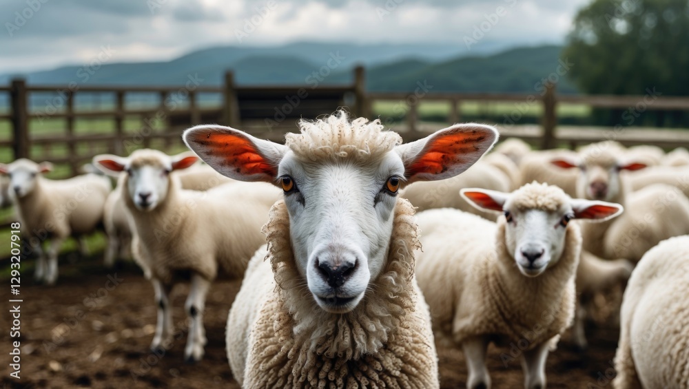 Fototapeta premium Flock of white sheep grazing on a farm in a lush green landscape with serene mountains in the background under a cloudy sky.