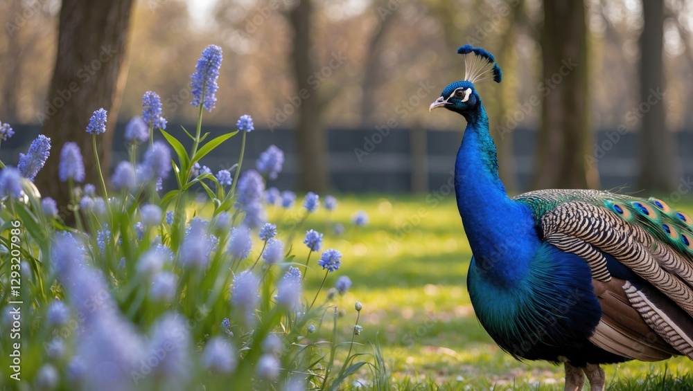 Obraz premium Vibrant peacock standing amidst blooming purple flowers in a serene game park during springtime in Germany