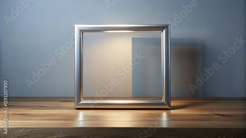 Elegant silver frame with glowing rectangle surrounded by soft wooden desk