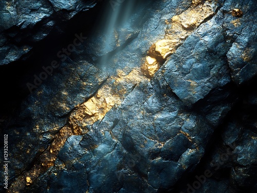 Dramatic gold vein glows brightly in dark rock. AI Generated