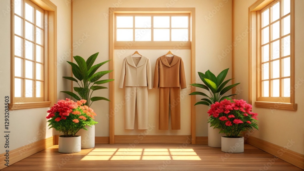 Fototapeta premium A cozy interior featuring soft clothing hanging in a warm-toned room adorned with vibrant plants and natural light.