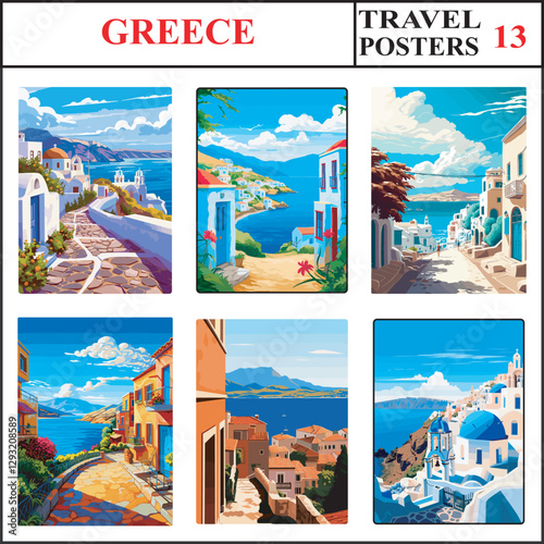 Greece Santorini Kea Mykonos Travel Poster Wall Art Print Collection Set Part 13