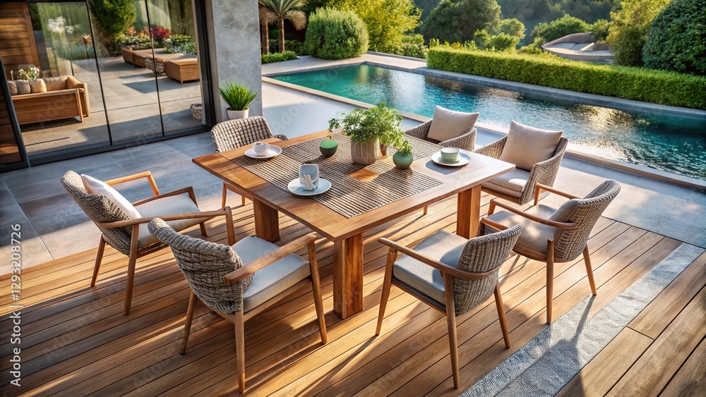 Obraz premium Modern Outdoor Seating: Woven Plastic & Teak Chairs for Elegant Alfresco Dining