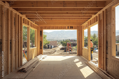 A residential timber frame structure is being erected. The beginning of a new construction project for housing or a mountain chalet. The concept of modern ecological construction.