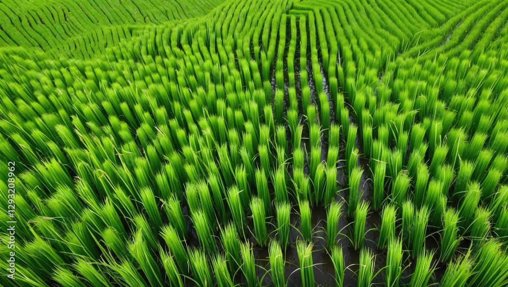 Fototapeta premium Lush green rice field patterns creating a vibrant landscape showcasing agricultural beauty in crop cultivation and sustainable farming practices.