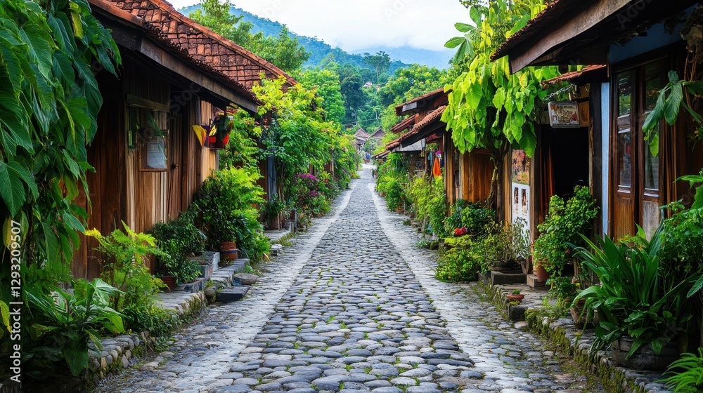 Stone path, lush foliage, quaint wooden houses. Stone path, lush foliage, quaint wooden houses.