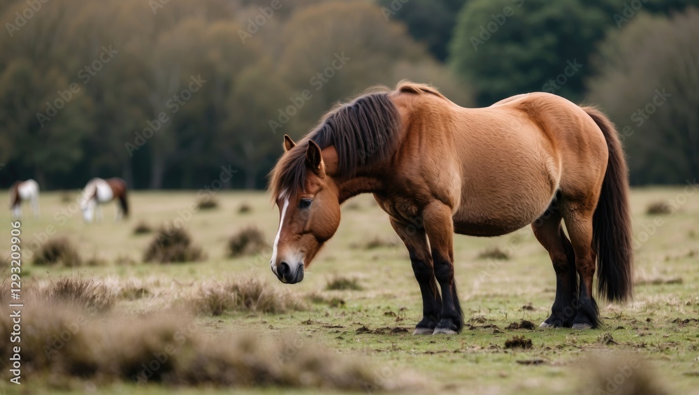 Fototapeta premium Wild New Forest Pony foraging in natural habitat surrounded by lush greenery and other ponies grazing in the background.