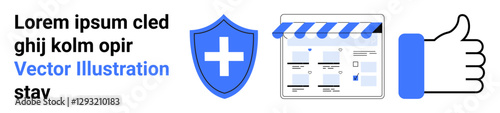 Shield with plus sign represents healthcare protection, webpage screenshot symbolizes online presence, and thumbs-up indicates approval. Ideal for healthcare, security, web design, approval systems