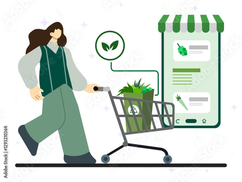Grocery food online shopping concept. A woman buy fresh organic vegetables with shopping cart on online store. 