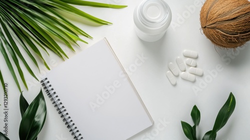 Obesity drug alongside a fitness journal and a bottle of coconut water. Featuring wellness and fitness