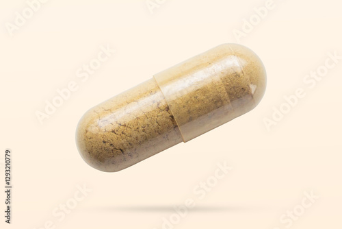Herbal medicine capsule flying on brown background