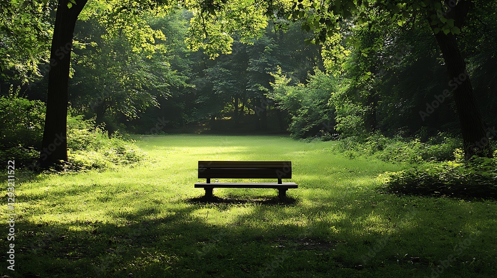 A solitary park bench sits under a canopy of trees A solitary park bench sits under a canopy of trees