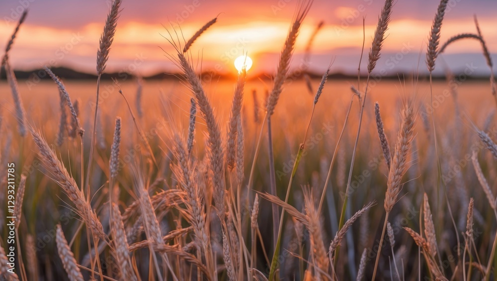 Fototapeta premium Golden Wild Grass and Grain at Sunset with Vibrant Colors and Open Space for Text in a Serene Nature Setting