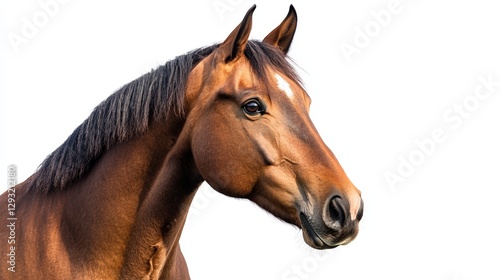 Portrait of a bay horse, soft light, white background, showcasing elegance and calm presence.