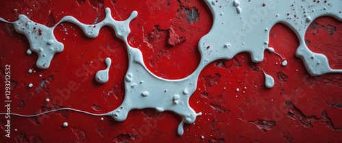 White paint drips and stains on a textured red background showcasing contrast and artistic abstraction in surface design.