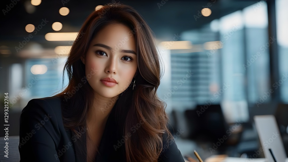 A woman with long hair in a professional setting, looking directly at the camera with a confident expression. Concept Professional Attire, Confident Gaze, Long Hair Beauty, Office Environment A woman with long hair in a professional setting, looking directly at the camera with a confident expression. Concept Professional Attire, Confident Gaze, Long Hair Beauty, Office Environment