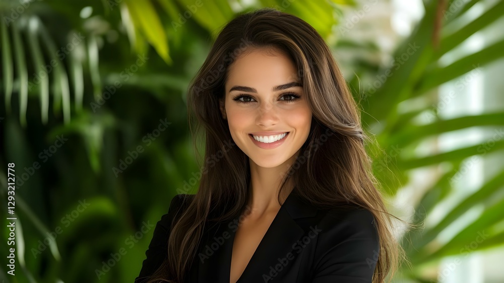 A woman with long hair smiles confidently against a backdrop of lush green plants. Concept Confident Smiles, Lush Greenery, Vibrant Portraits, Natural Beauty, Hair Styling A woman with long hair smiles confidently against a backdrop of lush green plants. Concept Confident Smiles, Lush Greenery, Vibrant Portraits, Natural Beauty, Hair Styling