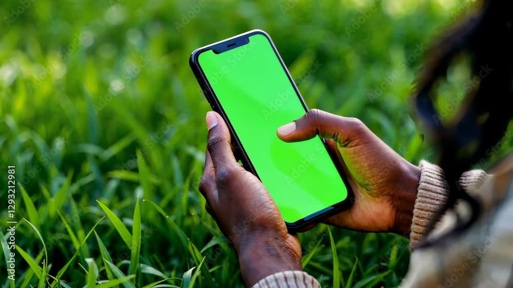 Digital Connection: a person holds a smartphone with a vibrant green screen, blending technology and nature.