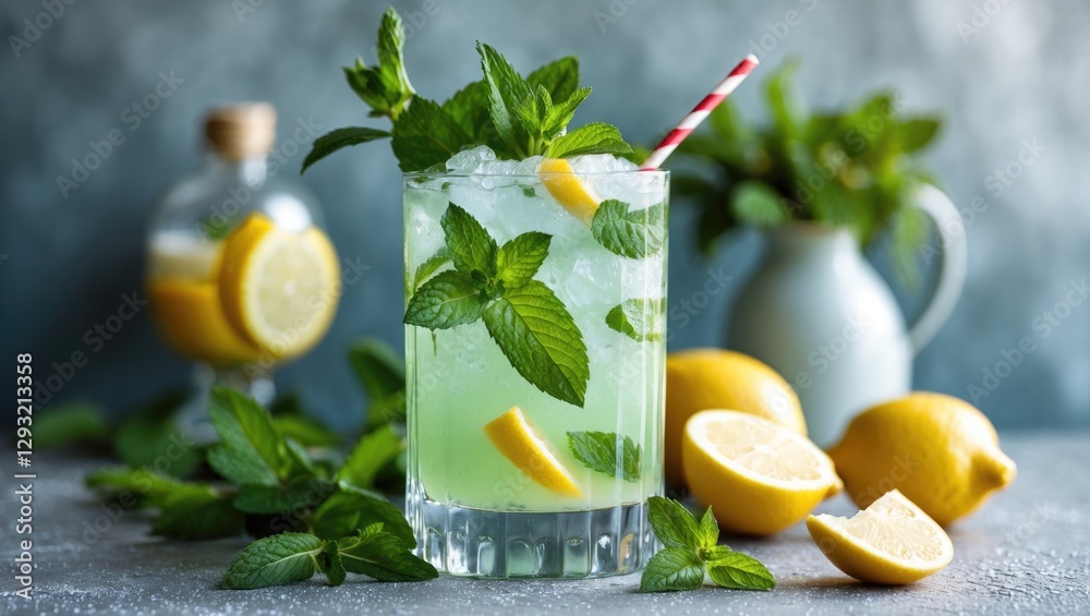 Fototapeta premium Refreshing summer cocktail with mint and lemon slices garnished in a glass surrounded by fresh mint leaves and lemons on a textured backdrop.