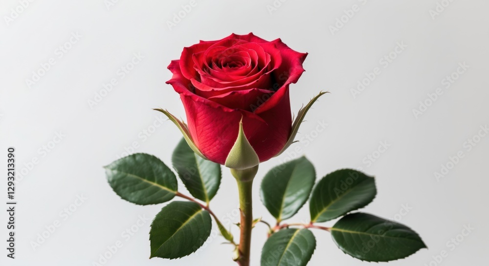 Naklejka premium Red rose bud with lush green leaves against a clean white background symbolizing love and beauty in floral design and nature themes.